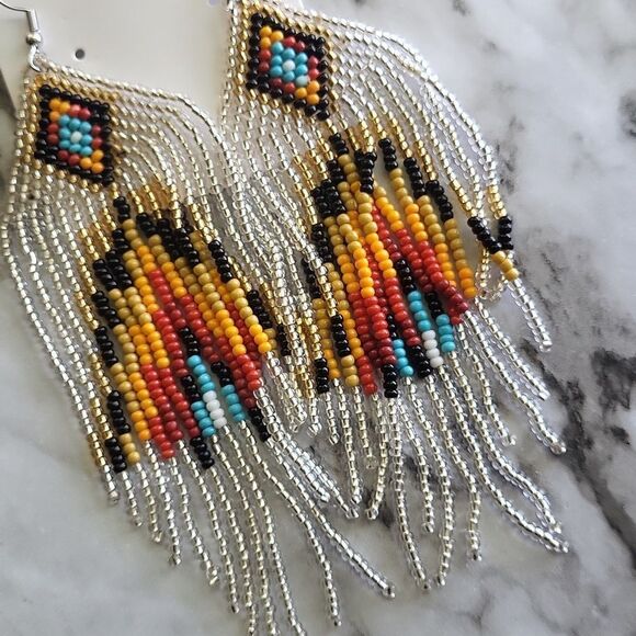 Handmade Native American-Style Beaded Tassel Fashion* Earrings Extra Long 1 pair - Picture 15 of 17